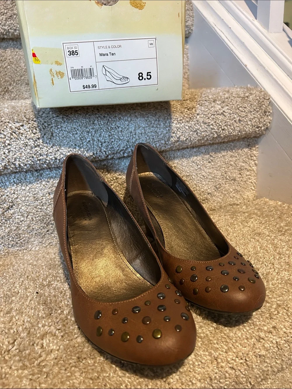 Tan Studded Leather Ballet Wedges- Pewter, Brass, and Copper Embellishments